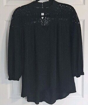 Puff Sleeves Black Flocked Lace Cottagecore Flowy Top Size  XL